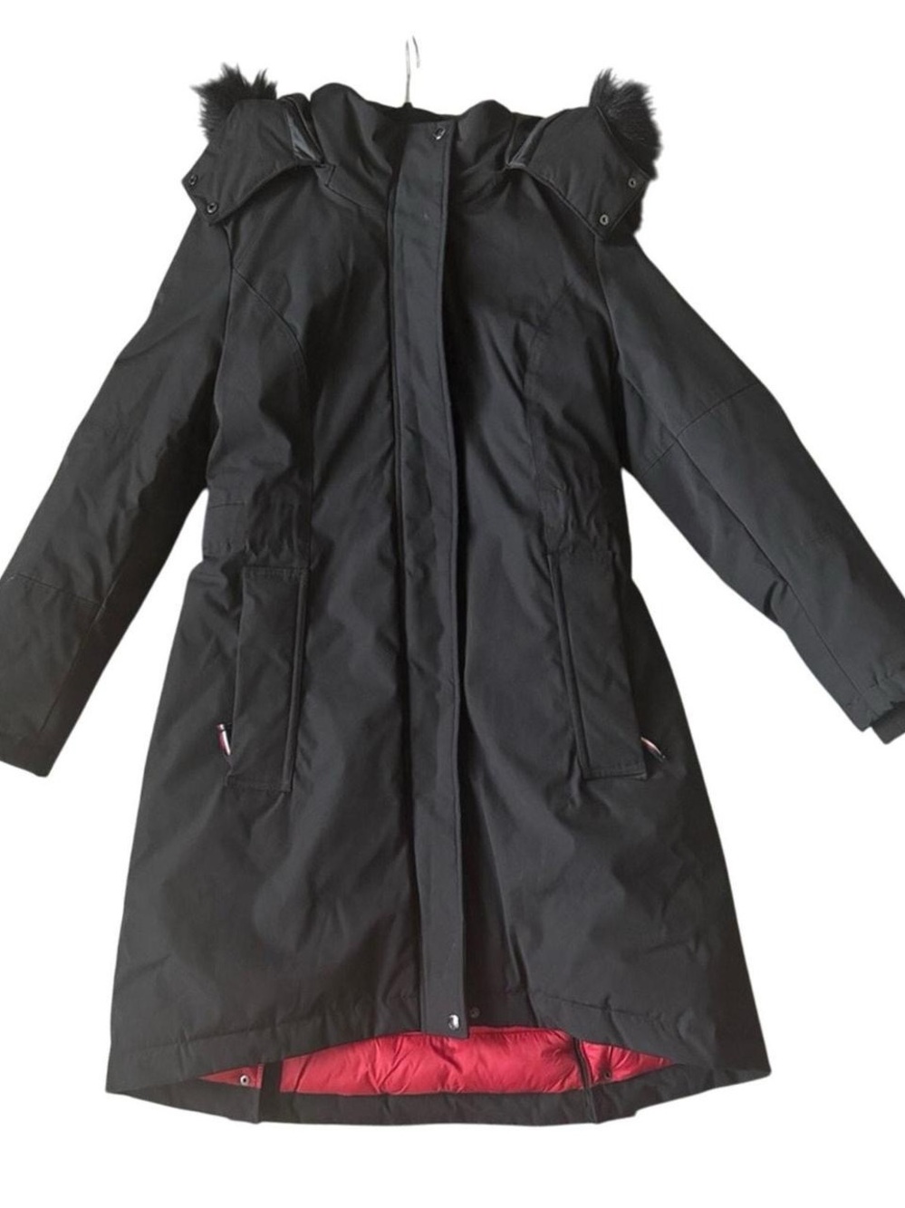 Tommy Hilfiger Women’s Black Hooded Puffer Coat with Faux Fur Trim